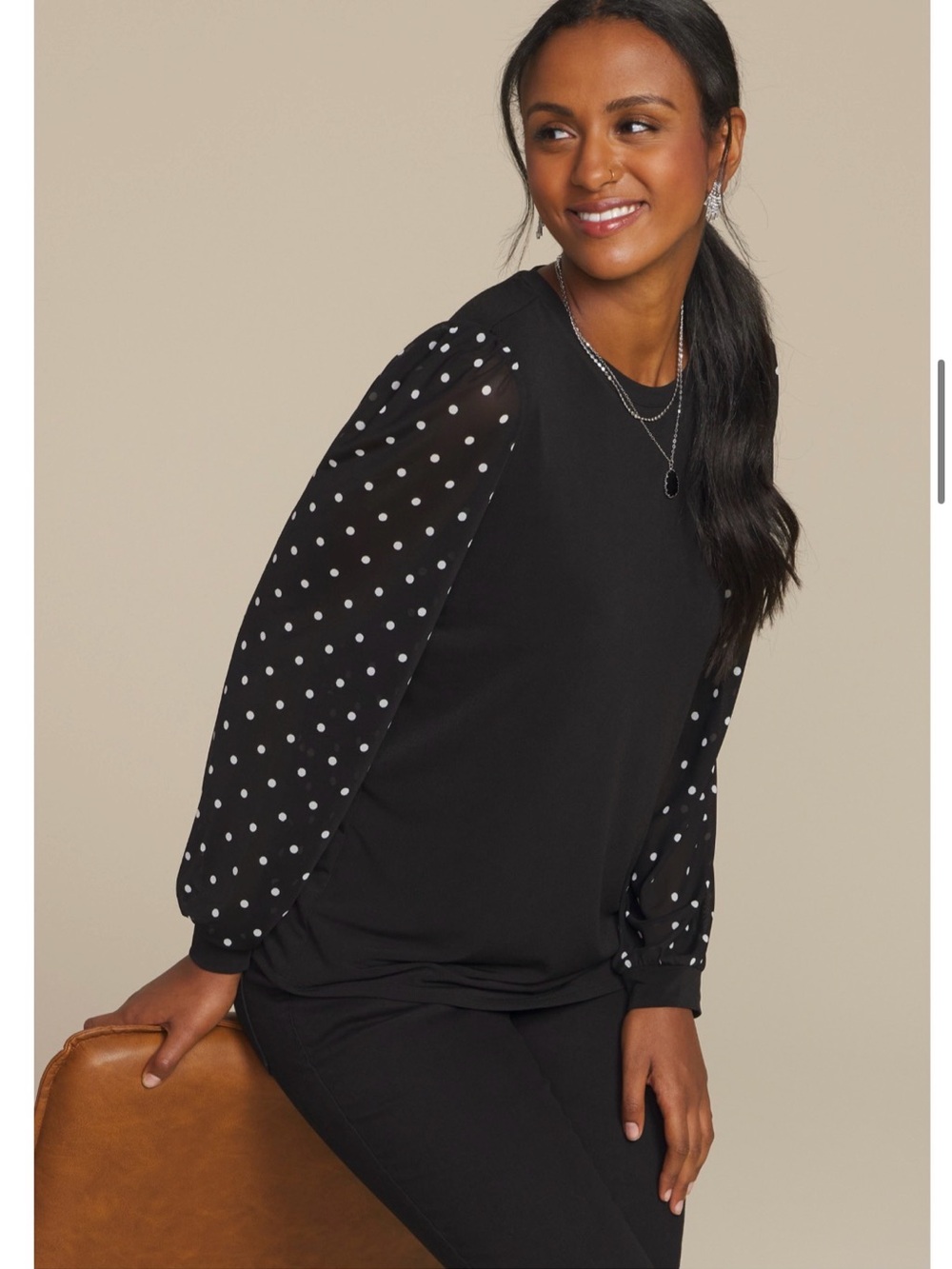 Maurices Black Blouse with White Polka Dot Sheer Sleeves